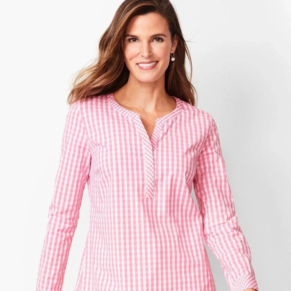 Talbots Gingham Checkered Hot Pink‎ White Long Sleeve Vneck Top size SP